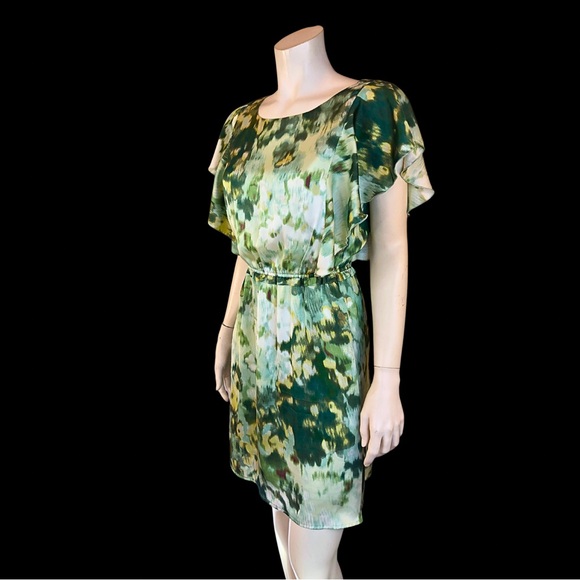 H&M Green Abstract WATERCOLOUR Silky Flutter Sleeve Spring Mini Dress 6 - Picture 5 of 8